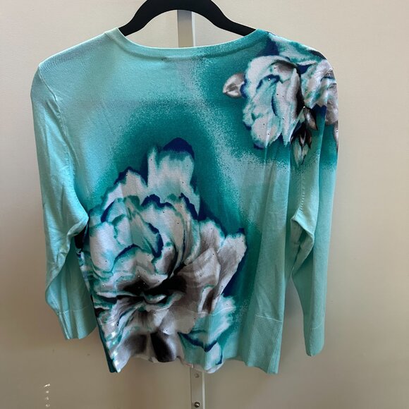 White House Black Market Turquoise Floral Jewel Snap Front Button Cardigan Sz S - Picture 4 of 6